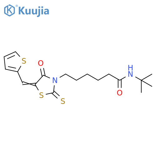 N-tert-butyl-6-(5E)-4-oxo-2-sulfanylidene-5-(thiophen-2-yl)methylidene-1,3-thiazolidin-3-ylhexanamide structure