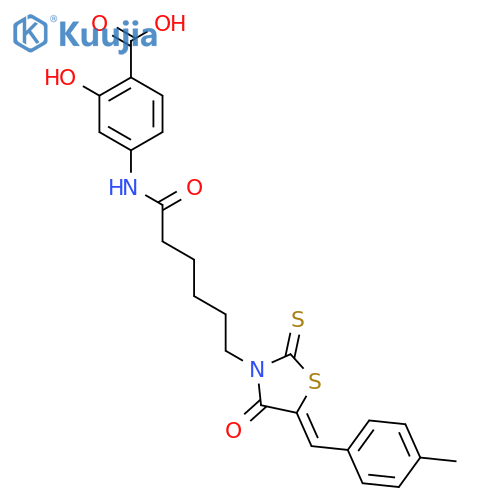2-hydroxy-4-{6-(5Z)-5-(4-methylphenyl)methylidene-4-oxo-2-sulfanylidene-1,3-thiazolidin-3-ylhexanamido}benzoic acid structure