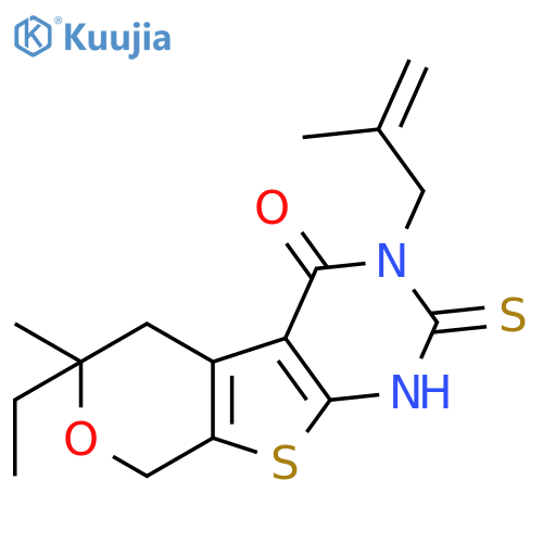 6-ethyl-6-methyl-3-(2-methylprop-2-en-1-yl)-2-thioxo-1,2,3,5,6,8-hexahydro-4H-pyrano[4',3':4,5]thieno[2,3-d]pyrimidin-4-one structure