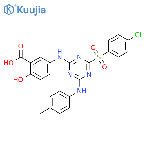 Benzoic acid,5-[[4-[(4-chlorophenyl)sulfonyl]-6-[(4-methylphenyl)amino]-1,3,5-triazin-2-yl]amino]-2-hydroxy- structure