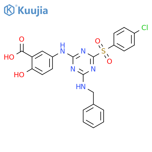 Benzoic acid,5-[[4-[(4-chlorophenyl)sulfonyl]-6-[(phenylmethyl)amino]-1,3,5-triazin-2-yl]amino]-2-hydroxy- structure