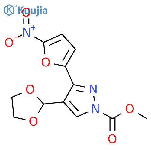 1H-Pyrazole-1-carboxylic acid,4-(1,3-dioxolan-2-yl)-3-(5-nitro-2-furanyl)-, methyl ester structure