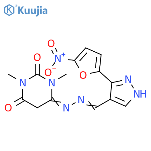 1H-Pyrazole-4-carboxaldehyde, 3-(5-nitro-2-furanyl)-,(1,2,3,6-tetrahydro-1,3-dimethyl-2,6-dioxo-4-pyrimidinyl)hydrazone structure