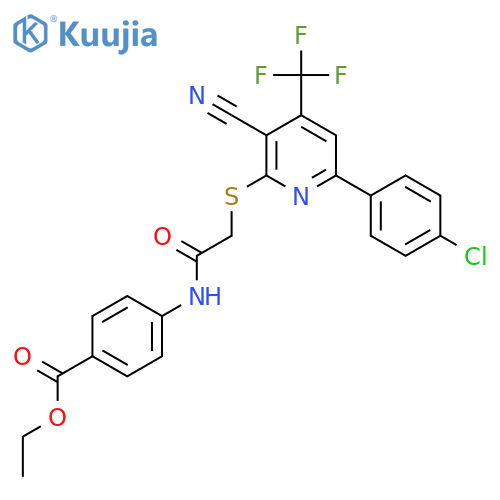 <br>Ethyl 4-(2-((6-(4-chlorophenyl)-3-cyano-4-(trifluoromethyl)pyridin-2-yl)thi o)acetamido)benzoate structure