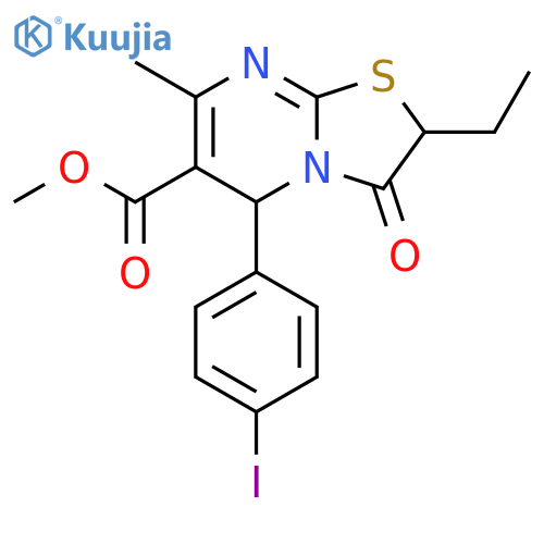 methyl 2-ethyl-5-(4-iodophenyl)-7-methyl-3-oxo-2H,3H,5H-1,3thiazolo3,2-apyrimidine-6-carboxylate structure