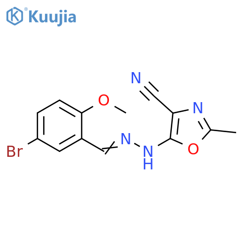 5-(E)-2-(5-bromo-2-methoxyphenyl)methylidenehydrazin-1-yl-2-methyl-1,3-oxazole-4-carbonitrile structure