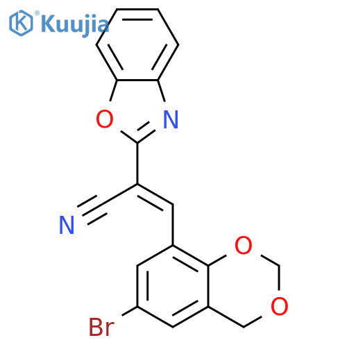 (2E)-2-(1,3-benzoxazol-2-yl)-3-(6-bromo-2,4-dihydro-1,3-benzodioxin-8-yl)prop-2-enenitrile structure
