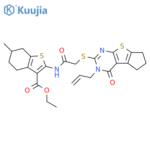 ethyl 6-methyl-2-(2-{12-oxo-11-(prop-2-en-1-yl)-7-thia-9,11-diazatricyclo6.4.0.0^{2,6}dodeca-1(8),2(6),9-trien-10-ylsulfanyl}acetamido)-4,5,6,7-tetrahydro-1-benzothiophene-3-carboxylate structure