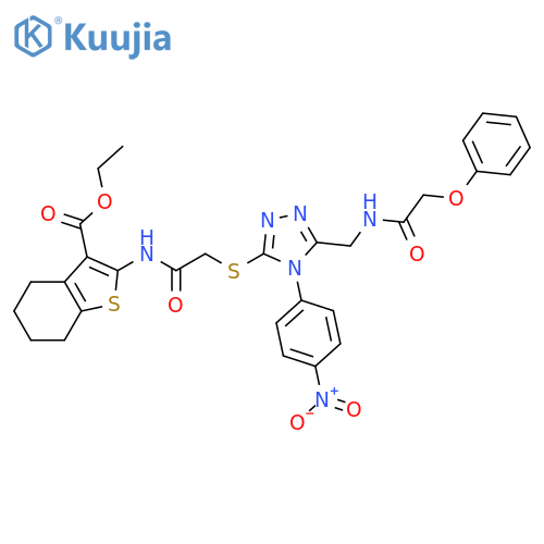 ethyl 2-[({[4-(4-nitrophenyl)-5-{[(phenoxyacetyl)amino]methyl}-4H-1,2,4-triazol-3-yl]sulfanyl}acetyl)amino]-4,5,6,7-tetrahydro-1-benzothiophene-3-carboxylate structure