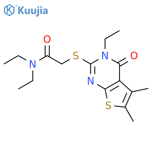 <br>N,N-Diethyl-2-((3-ethyl-5,6-dimethyl-4-oxo-3,4-dihydrothieno[2,3-d]pyrimidi n-2-yl)thio)acetamide structure