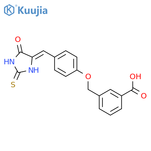 3-({4-[(E)-(5-oxo-2-thioxoimidazolidin-4-ylidene)methyl]phenoxy}methyl)benzoic acid structure