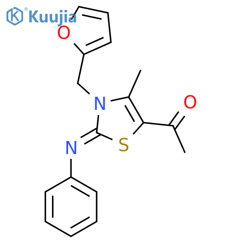 1-(2Z)-3-(furan-2-yl)methyl-4-methyl-2-(phenylimino)-2,3-dihydro-1,3-thiazol-5-ylethan-1-one structure