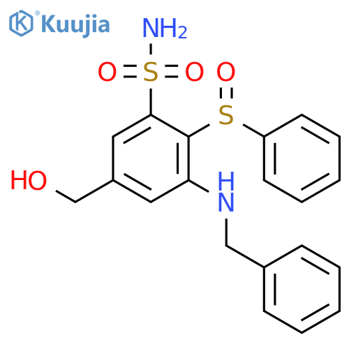 Benzenesulfonamide,5-(hydroxymethyl)-3-[(phenylmethyl)amino]-2-(phenylsulfinyl)- structure