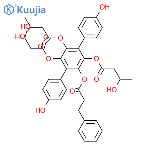 [p-Terphenyl]-2',3',4,4'',5',6'-hexol; 2'-(3-Phenylpropanoyl), 3',5',6'-tris(3S-hydroxybutanoyl) structure