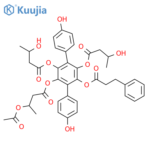 [p-Terphenyl]-2',3',4,4'',5',6'-hexol; 2'-(3-Phenylpropanoyl), 6'-(3S-acetoxybutanoyl), 3',5'-bis(3S-hydroxybutanoyl) structure
