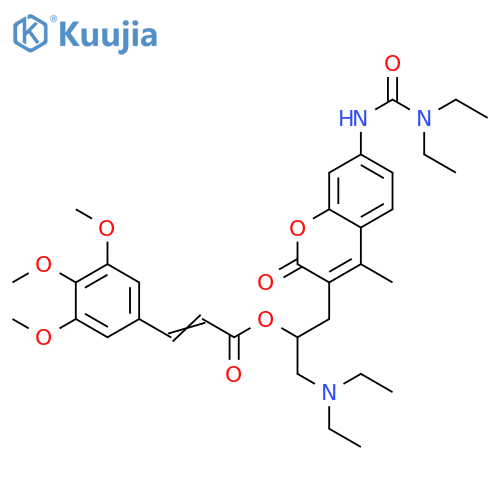 2-Propenoic acid, 3-(3,4,5-trimethoxyphenyl)-,2-[7-[[(diethylamino)carbonyl]amino]-4-methyl-2-oxo-2H-1-benzopyran-3-yl]-1-[(diethylamino)methyl]ethyl ester structure