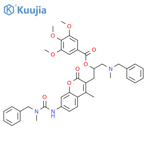 Benzoic acid, 3,4,5-trimethoxy-, 1-[[4-methyl-7-[[[methyl(phenylmethyl)amino]carbonyl]amino]-2-oxo-2H-1-benzopyran-3-yl]methyl]-2-[methyl(phenylmethyl)amino]ethyl ester structure
