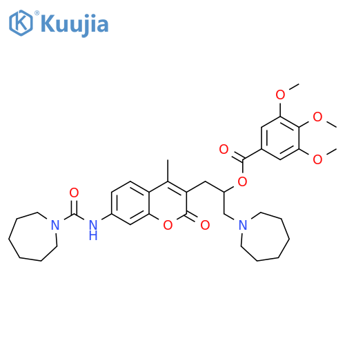 Benzoic acid, 3,4,5-trimethoxy-, 2-[7-[[(hexahydro-1H-azepin-1-yl)carbonyl]amino]-4-methyl-2-oxo-2H-1-benzopyran-3-yl]-1-[(hexahydro-1H-azepin-1-yl)methyl]ethyl ester structure