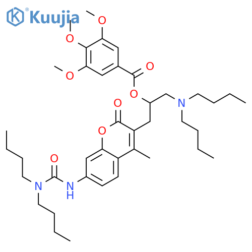 Benzoic acid, 3,4,5-trimethoxy-, 2-[7-[[(dibutylamino)carbonyl]amino]-4-methyl-2-oxo-2H-1-benzopyran-3-yl]-1-[(dibutylamino)methyl]ethyl ester structure