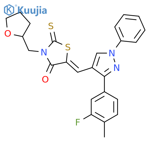 (5Z)-5-{3-(3-fluoro-4-methylphenyl)-1-phenyl-1H-pyrazol-4-ylmethylidene}-3-(oxolan-2-yl)methyl-2-sulfanylidene-1,3-thiazolidin-4-one structure
