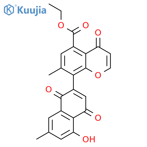 4H-1-Benzopyran-5-carboxylic acid, 8-(1,4-dihydro-5-hydroxy-7-methyl-1,4-dioxo-2-naphthalenyl)-7-methyl-4-oxo-, ethyl ester structure