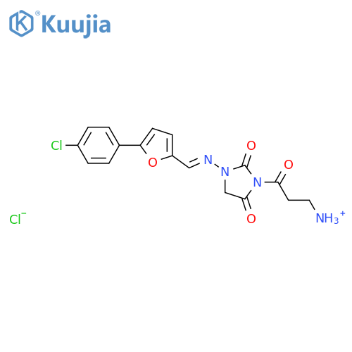 3-[3-({(E)-[5-(4-chlorophenyl)furan-2-yl]methylidene}amino)-2,5-dioxoimidazolidin-1-yl]-3-oxopropan-1-aminium chloride structure