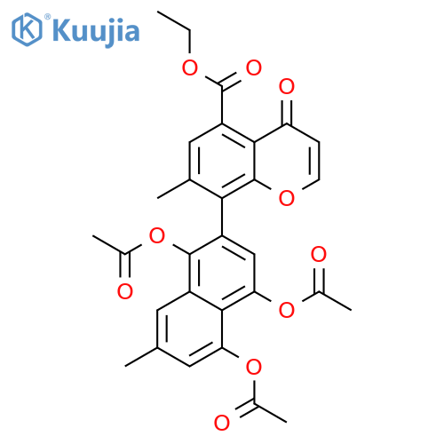 4H-1-Benzopyran-5-carboxylic acid,7-methyl-4-oxo-8-[1,4,5-tris(acetyloxy)-7-methyl-2-naphthalenyl]-, ethylester structure