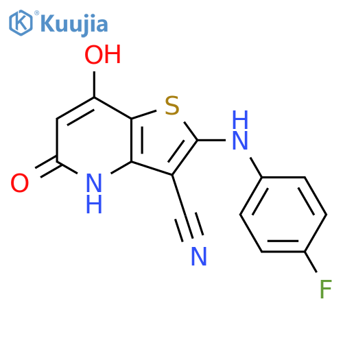 2-[(4-fluorophenyl)amino]-7-hydroxy-5-oxo-4H,5H-thieno[3,2-b]pyridine-3-carbonitrile structure