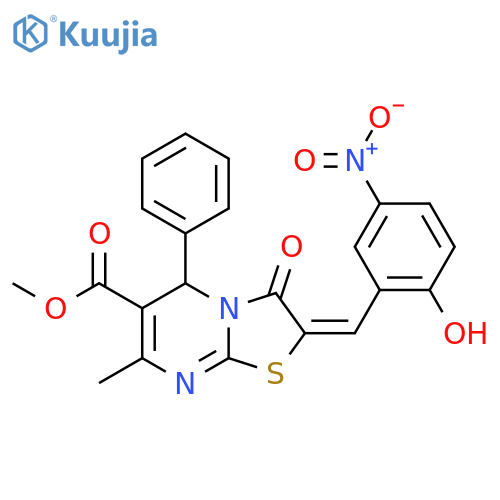 methyl (2E)-2-(2-hydroxy-5-nitrophenyl)methylidene-7-methyl-3-oxo-5-phenyl-2H,3H,5H-1,3thiazolo3,2-apyrimidine-6-carboxylate structure