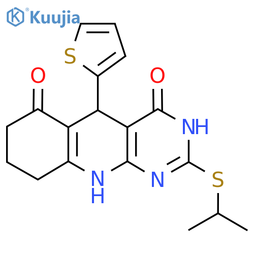 2-(propan-2-ylsulfanyl)-5-(thiophen-2-yl)-3H,4H,5H,6H,7H,8H,9H,10H-pyrimido4,5-bquinoline-4,6-dione structure