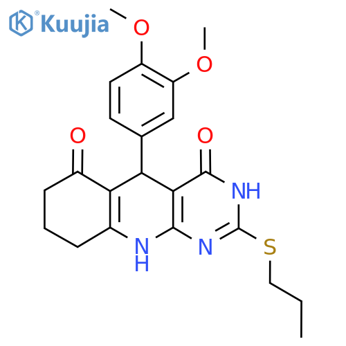5-(3,4-dimethoxyphenyl)-2-(propylsulfanyl)-3H,4H,5H,6H,7H,8H,9H,10H-pyrimido4,5-bquinoline-4,6-dione structure