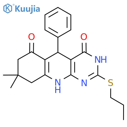8,8-dimethyl-5-phenyl-2-(propylsulfanyl)-3H,4H,5H,6H,7H,8H,9H,10H-pyrimido4,5-bquinoline-4,6-dione structure