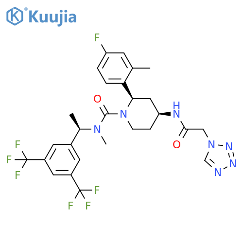 1-Piperidinecarboxamide,N-[(1R)-1-[3,5-bis(trifluoromethyl)phenyl]ethyl]-2-(4-fluoro-2-methylphenyl)-N-methyl-4-[(1H-tetrazol-1-ylacetyl)amino]-, (2R,4S)- structure