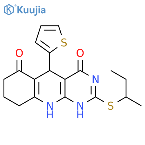 2-(butan-2-ylsulfanyl)-5-(thiophen-2-yl)-3H,4H,5H,6H,7H,8H,9H,10H-pyrimido4,5-bquinoline-4,6-dione structure