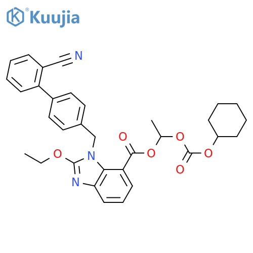 1-(cyclohexoxycarbonyloxy)ethyl 3-[[4-(2-cyanophenyl)phenyl]methyl]-2-ethoxy-benzimidazole-4-carboxylate structure