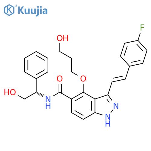 1H-Indazole-5-carboxamide,3-[(1E)-2-(4-fluorophenyl)ethenyl]-N-[(1S)-2-hydroxy-1-phenylethyl]-4-(3-hydroxypropoxy)- structure