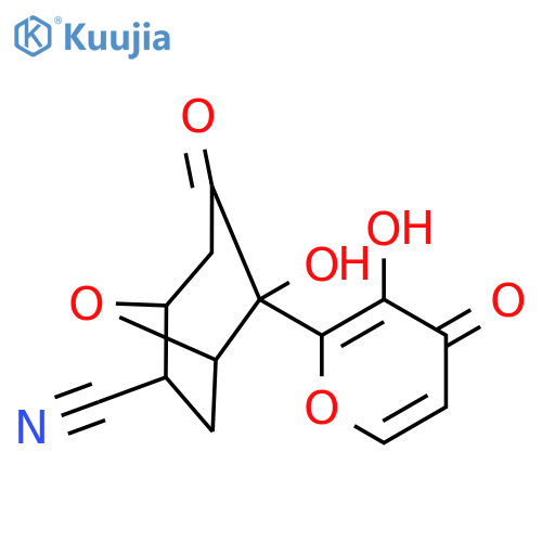 2-hydroxy-2-(3-hydroxy-4-oxopyran-2-yl)-3-oxo-8-oxabicyclo[3.2.1]octane-6-carbonitrile structure