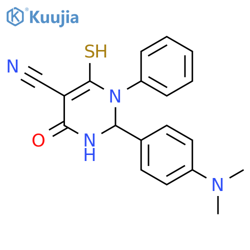 2-[4-(dimethylamino)phenyl]-4-oxo-1-phenyl-6-sulfanyl-1,2,3,4-tetrahydropyrimidine-5-carbonitrile structure