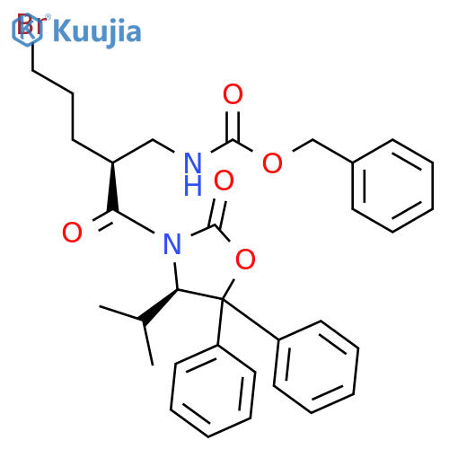 (4R)-3-[(2S)-2-({[(benzyloxy)carbonyl]amino}methyl)-5-bromo-1-oxopentyl]-4-(1-methylethyl)-5,5-diphenyloxazolidin-2-one structure
