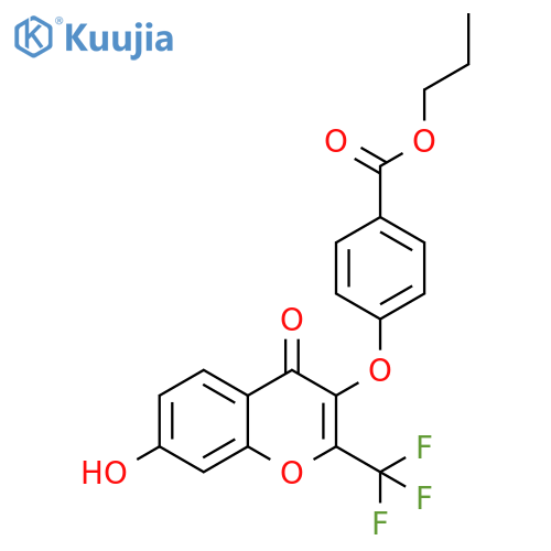 propyl 4-{7-hydroxy-4-oxo-2-(trifluoromethyl)-4H-chromen-3-yloxy}benzoate structure