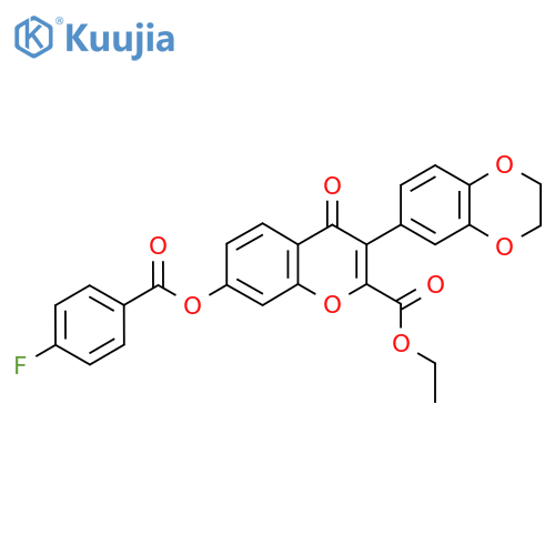 ethyl 3-(2,3-dihydro-1,4-benzodioxin-6-yl)-7-(4-fluorobenzoyloxy)-4-oxo-4H-chromene-2-carboxylate structure