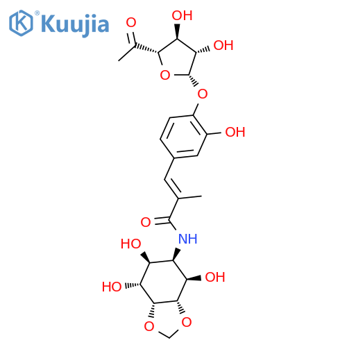 D-neo-Inositol,5-deoxy-5-[[(2E)-3-[4-[(6-deoxy-b-D-arabino-hexofuranos-5-ulos-1-yl)oxy]-3-hydroxyphenyl]-2-methyl-1-oxo-2-propen-1-yl]amino]-1,2-O-methylene- structure
