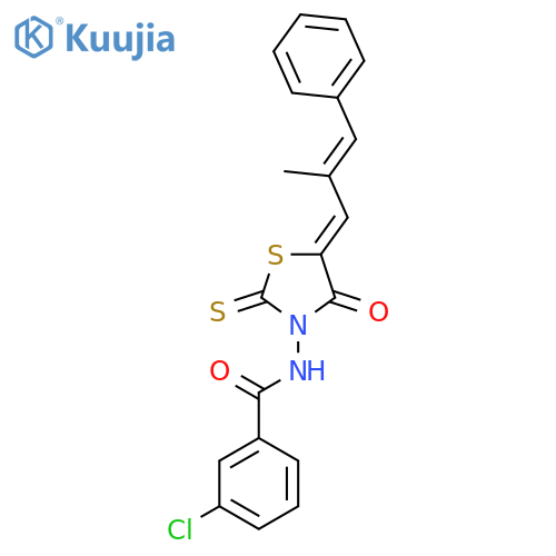 3-chloro-N-(5Z)-5-(2E)-2-methyl-3-phenylprop-2-en-1-ylidene-4-oxo-2-sulfanylidene-1,3-thiazolidin-3-ylbenzamide structure