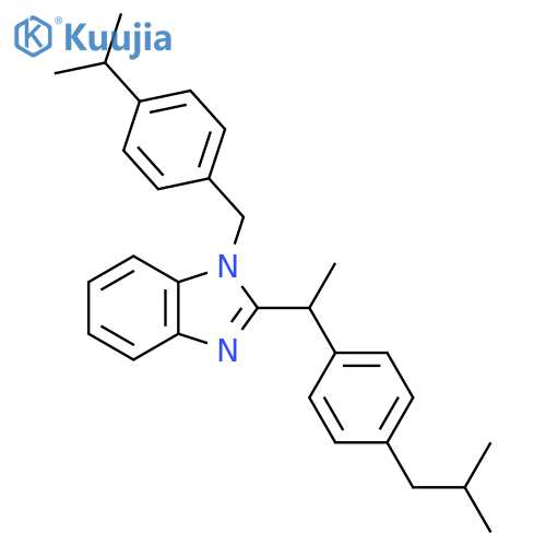 2-{1-4-(2-methylpropyl)phenylethyl}-1-{4-(propan-2-yl)phenylmethyl}-1H-1,3-benzodiazole structure
