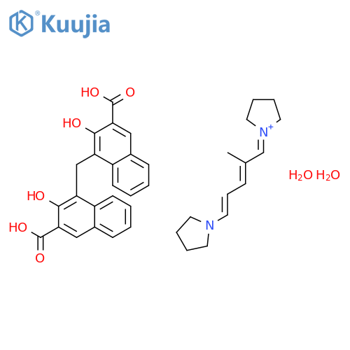 4-[(3-carboxy-2-hydroxy-1-naphthyl)methyl]-3-hydroxy-naphthalene-2-carboxylic acid; 1-[(2E,4E)-2-methyl-5-pyrrolidin-1-yl-penta-2,4-dienylidene]pyrrolidin-1-ium; dihydrate structure
