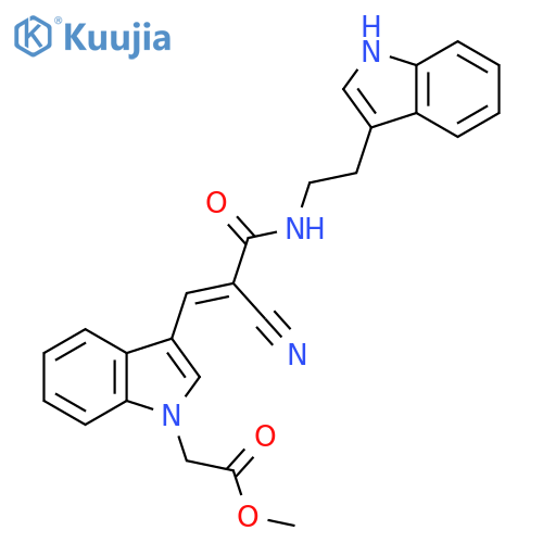 methyl {3-[(1E)-2-cyano-3-{[2-(1H-indol-3-yl)ethyl]amino}-3-oxoprop-1-en-1-yl]-1H-indol-1-yl}acetate structure