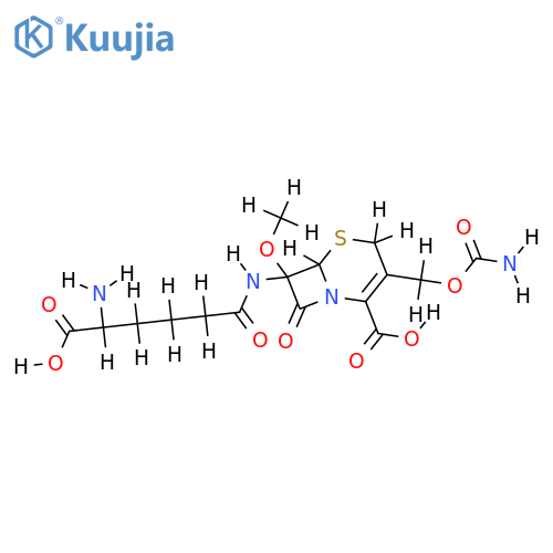 (6R)-7t-((R)-5-amino-5-carboxy-pentanoylamino)-3-carbamoyloxymethyl-7c-methoxy-8-oxo-(6rH)-5-thia-1-aza-bicyclo[4.2.0]oct-2-ene-2-carboxylic acid structure