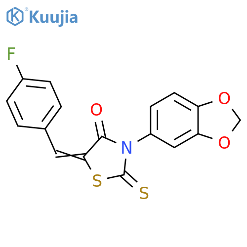 (5Z)-3-(2H-1,3-benzodioxol-5-yl)-5-(4-fluorophenyl)methylidene-2-sulfanylidene-1,3-thiazolidin-4-one structure