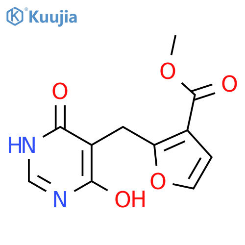 3-Furancarboxylic acid,2-[(1,4-dihydro-6-hydroxy-4-oxo-5-pyrimidinyl)methyl]-, methyl ester structure