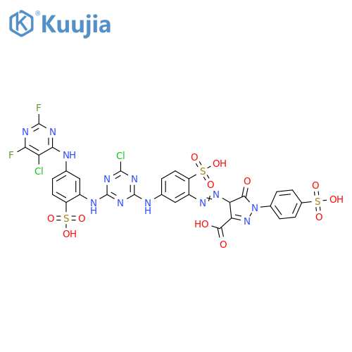 1H-Pyrazole-3-carboxylic acid, 4-[2-[5-[[4-chloro-6-[[5-[(5-chloro-2,6-difluoro-4-pyrimidinyl)amino]-2-sulfophenyl]amino]-1,3,5-triazin-2-yl]amino]-2-sulfophenyl]diazenyl]-4,5-dihydro-5-oxo-1-(4-sulfophenyl)- structure
